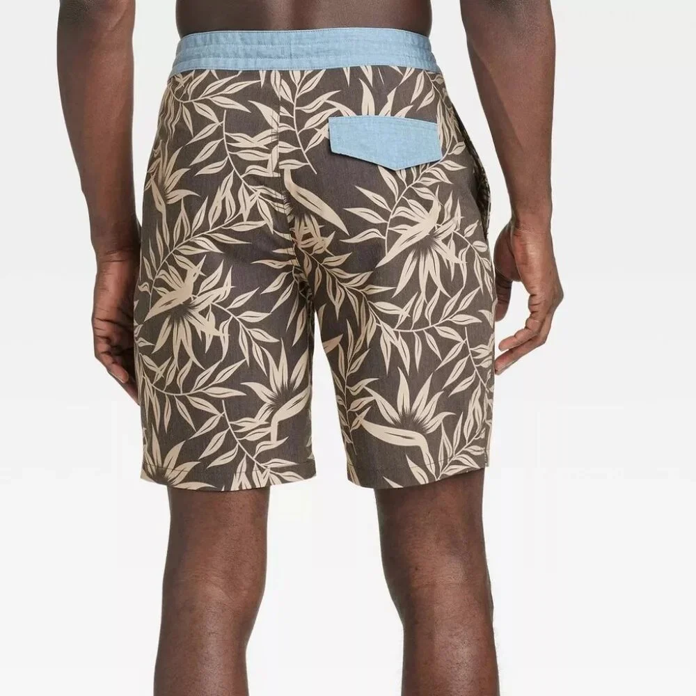 Target Goodfellow & Co Brown and Tan Board Shorts Tropical Leaf Print - Picture 2 of 9